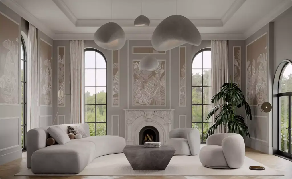 3D furniture rendering of elegant living room with curved sofa, marble fireplace, and sculptural pendant lights