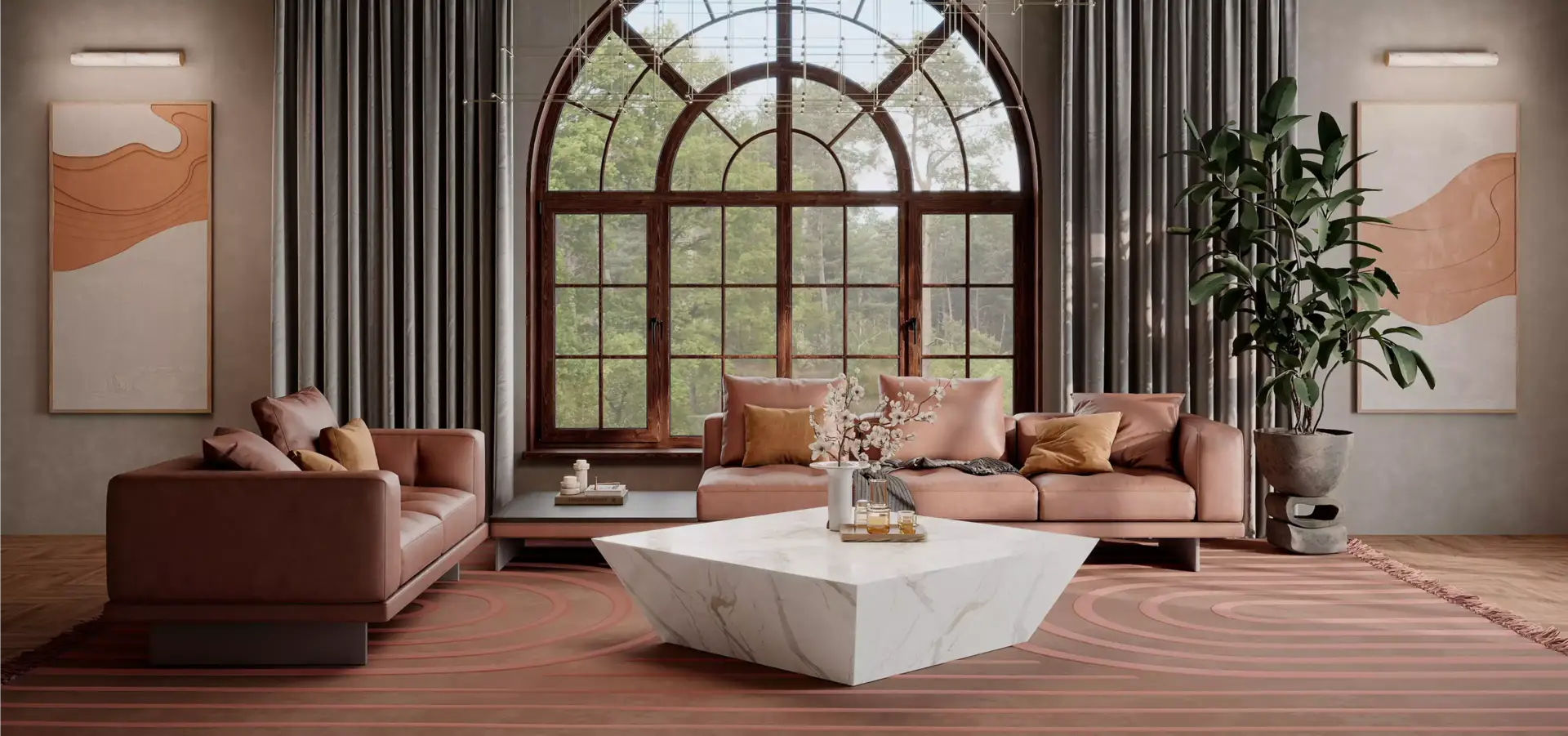 Furniture Renders of living room with marble coffee table, pink sofas, and large arched window