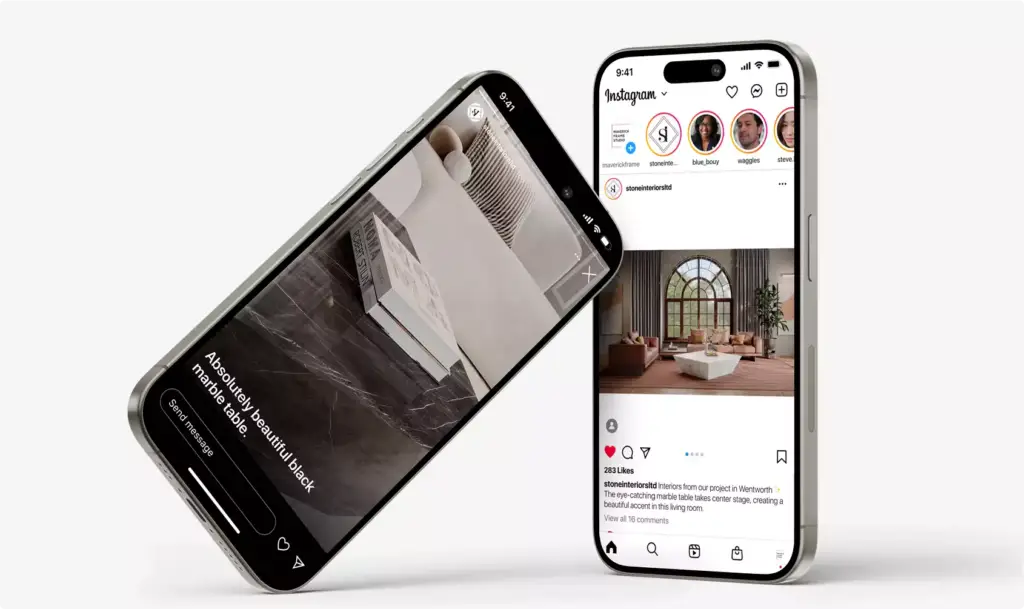3D furniture rendering shown on smartphones displaying marble coffee table interior scene on social media app