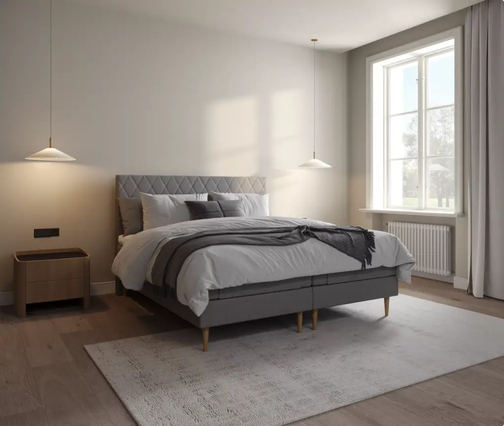3D Furniture Visualization of modern bedroom interior with upholstered bed and pendant lighting
