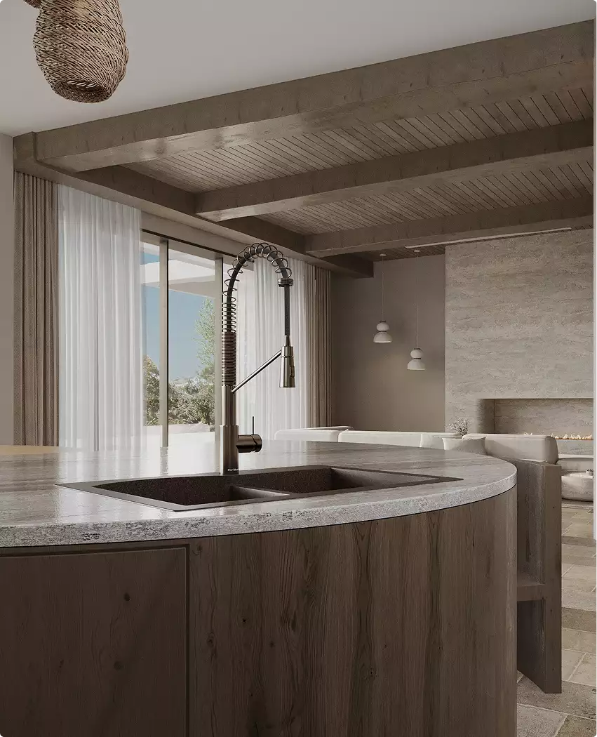 Isola della cucina in animazione 3D della casa con legno scuro, piano in pietra e rubinetto vicino alla zona giorno