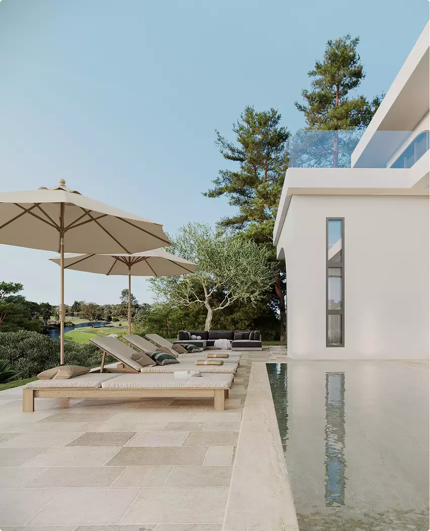 Terrazza con piscina in animazione 3D della casa con lettini, ombrelloni e alberi lungo l'acqua