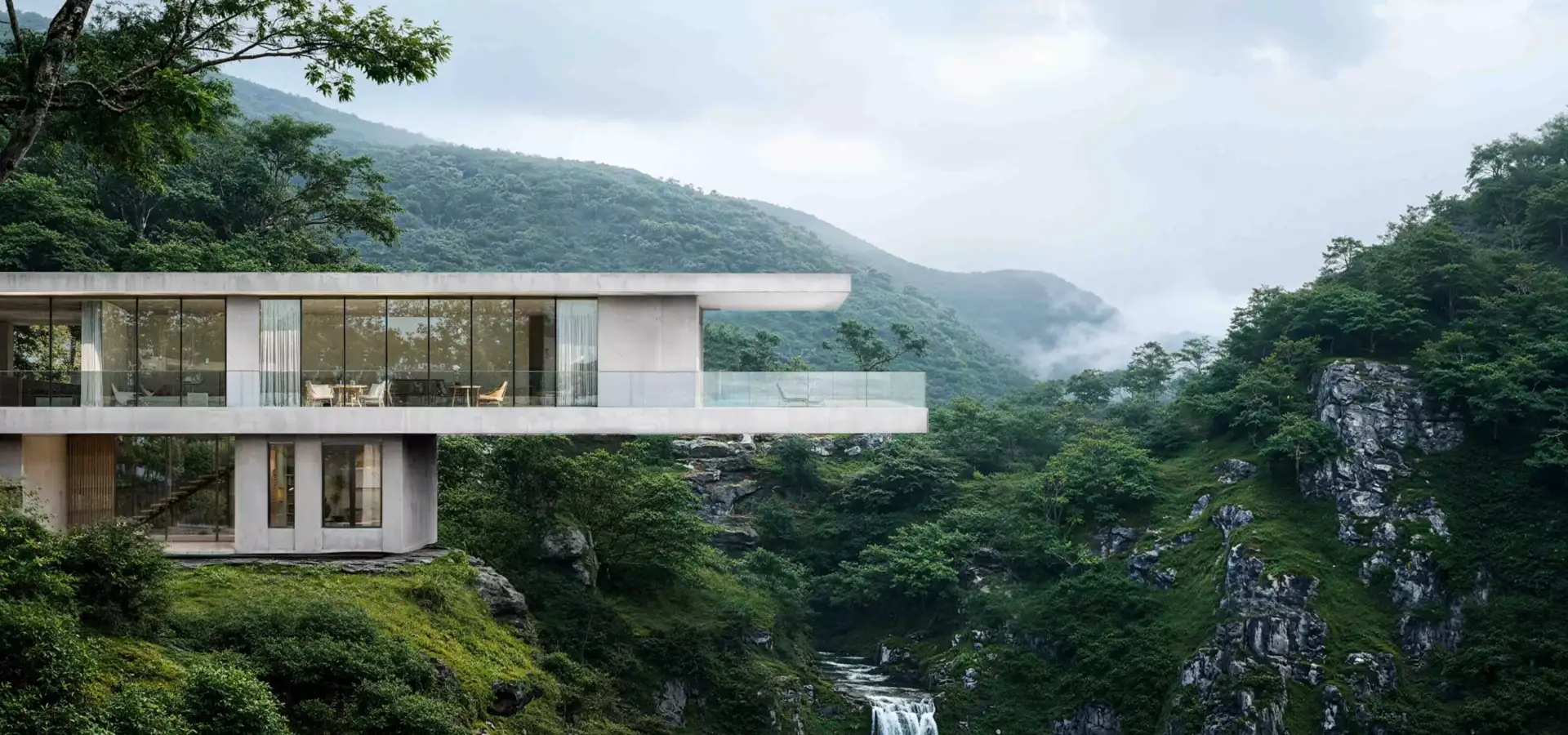 Render 3D de villa moderna al borde del acantilado, con muros de vidrio sobre una cascada y un valle boscoso