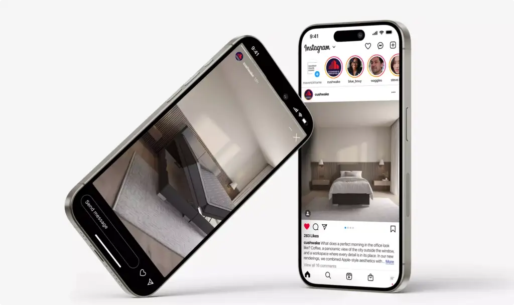 3D-rondleiding door een kantoor getoond op twee smartphones met social-mediaposts
