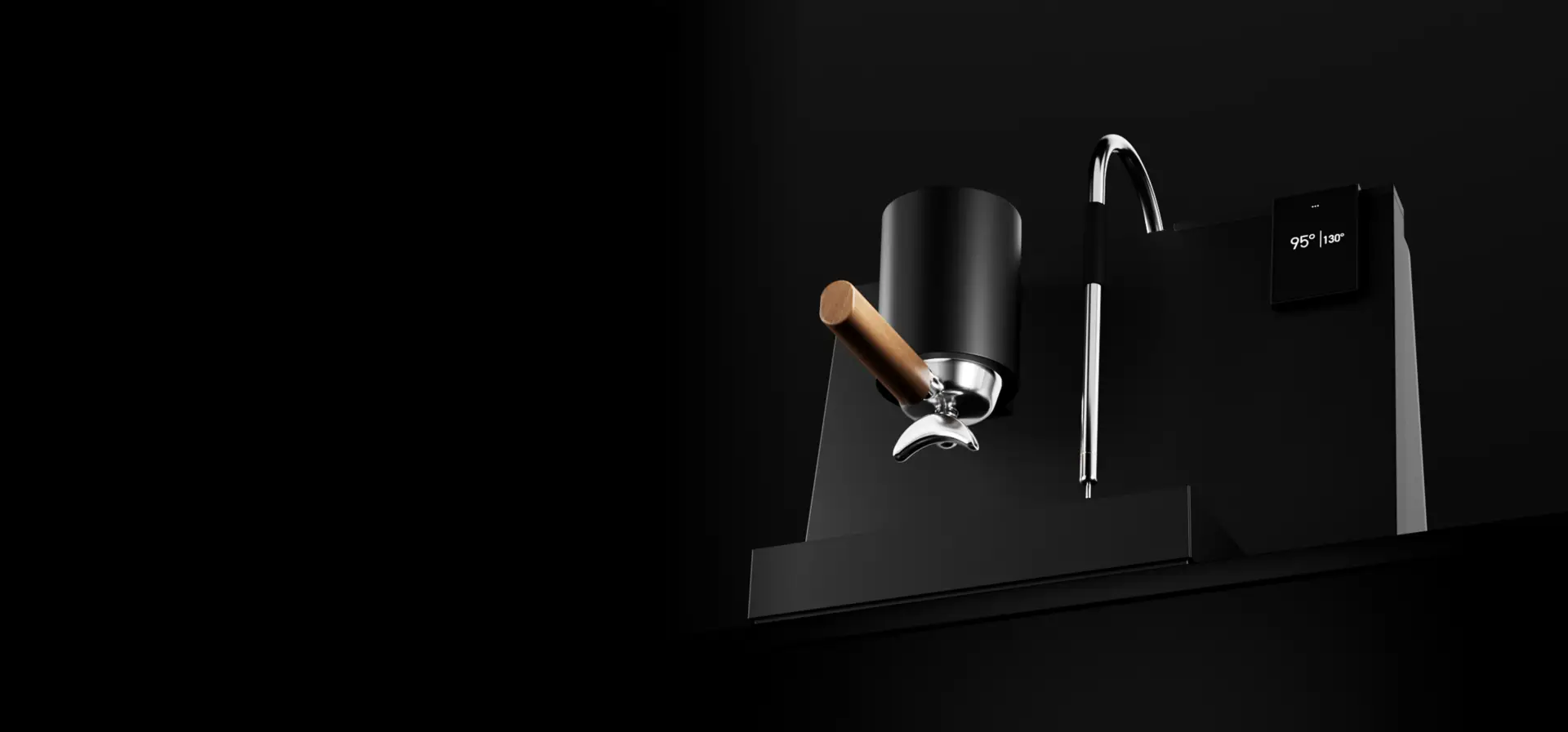 3D Product Animation black espresso machine with chrome spout and wooden handle on dark backdrop