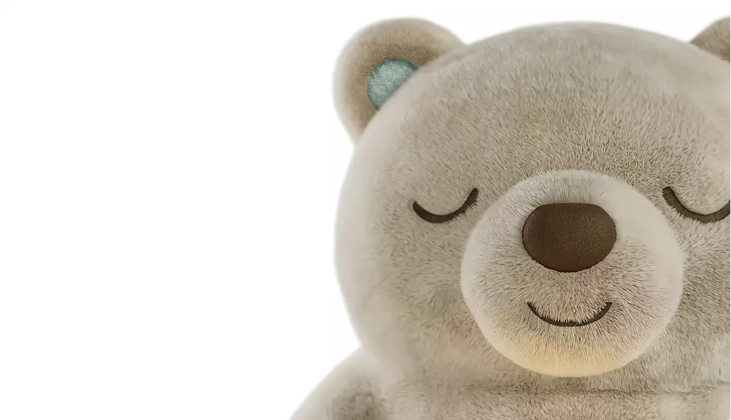 Render 3D de producto: primer plano de la cara de la lamparita de peluche con los ojos cerrados y pelo beige suave