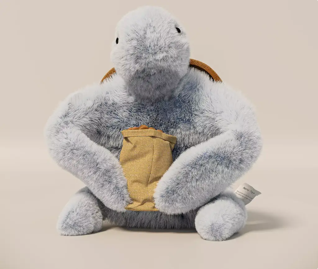 Render 3D de producto de un peluche tortuga gris con una bolsa de snacks amarilla, pelo suave y caparazón marrón