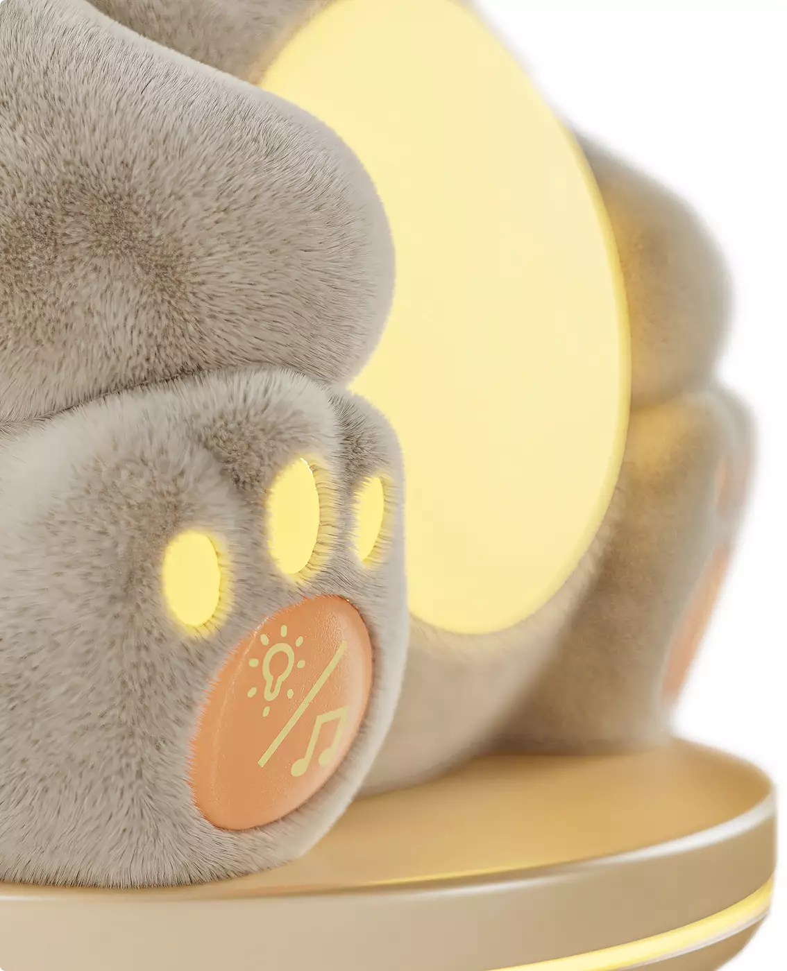 Render 3D de producto de una lámpara de peluche con forma de búho sobre base redonda, con las alas iluminadas en amarillo y un botón de control de luz y música