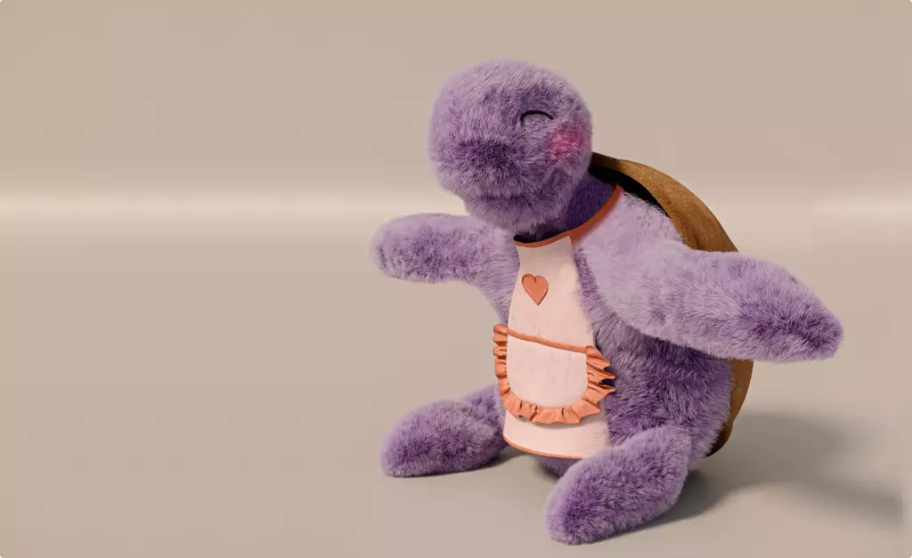 Render 3D de producto de un peluche tortuga morado con delantal y detalle de corazón sobre caparazón marrón suave