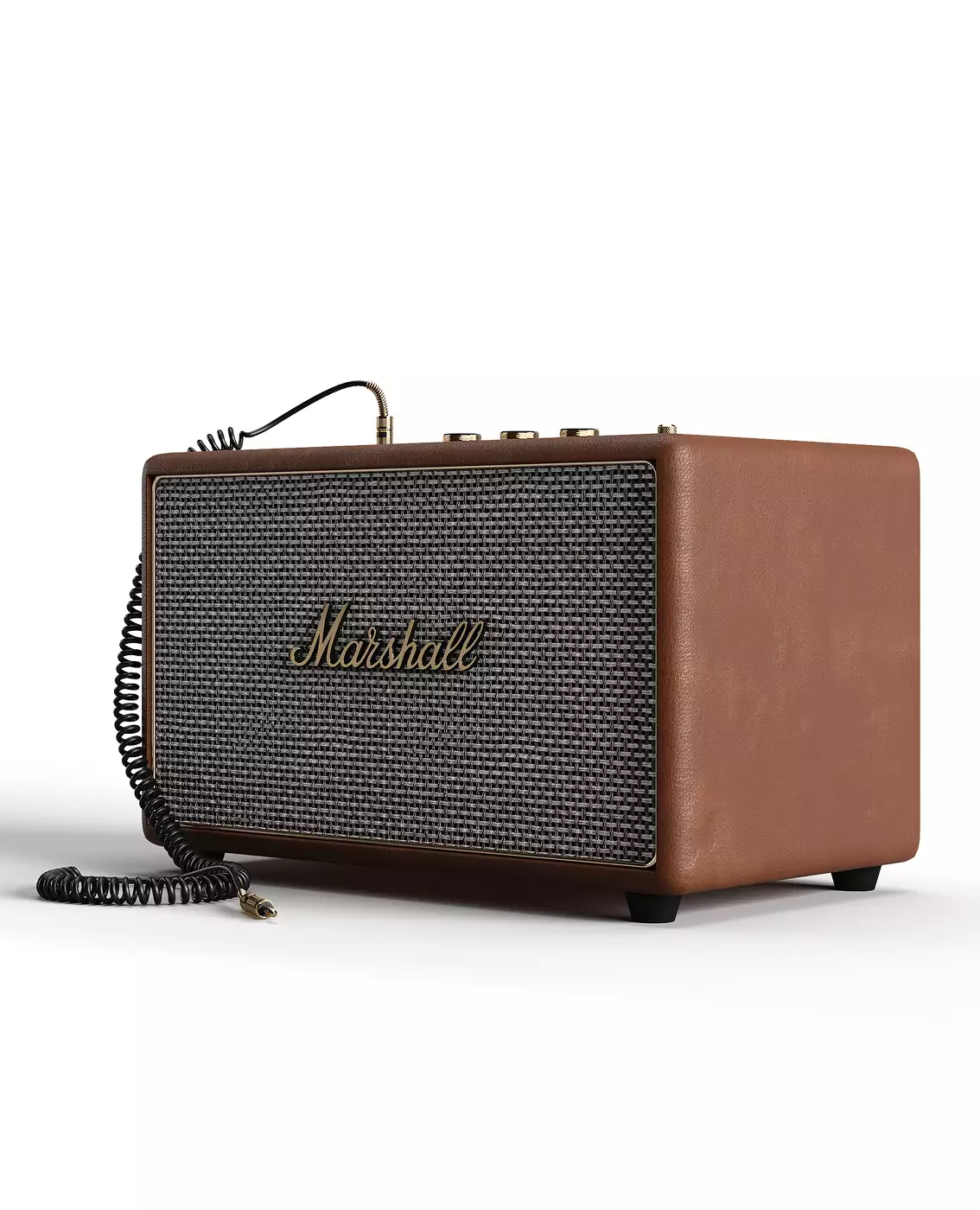Render 3D de producto: altavoz Marshall marrón con rejilla texturizada y cable en espiral sobre fondo limpio