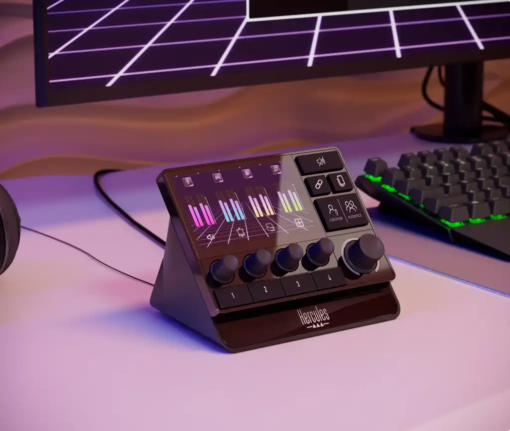 3D product rendering services for an audio control pad on a desk beside a monitor and keyboard