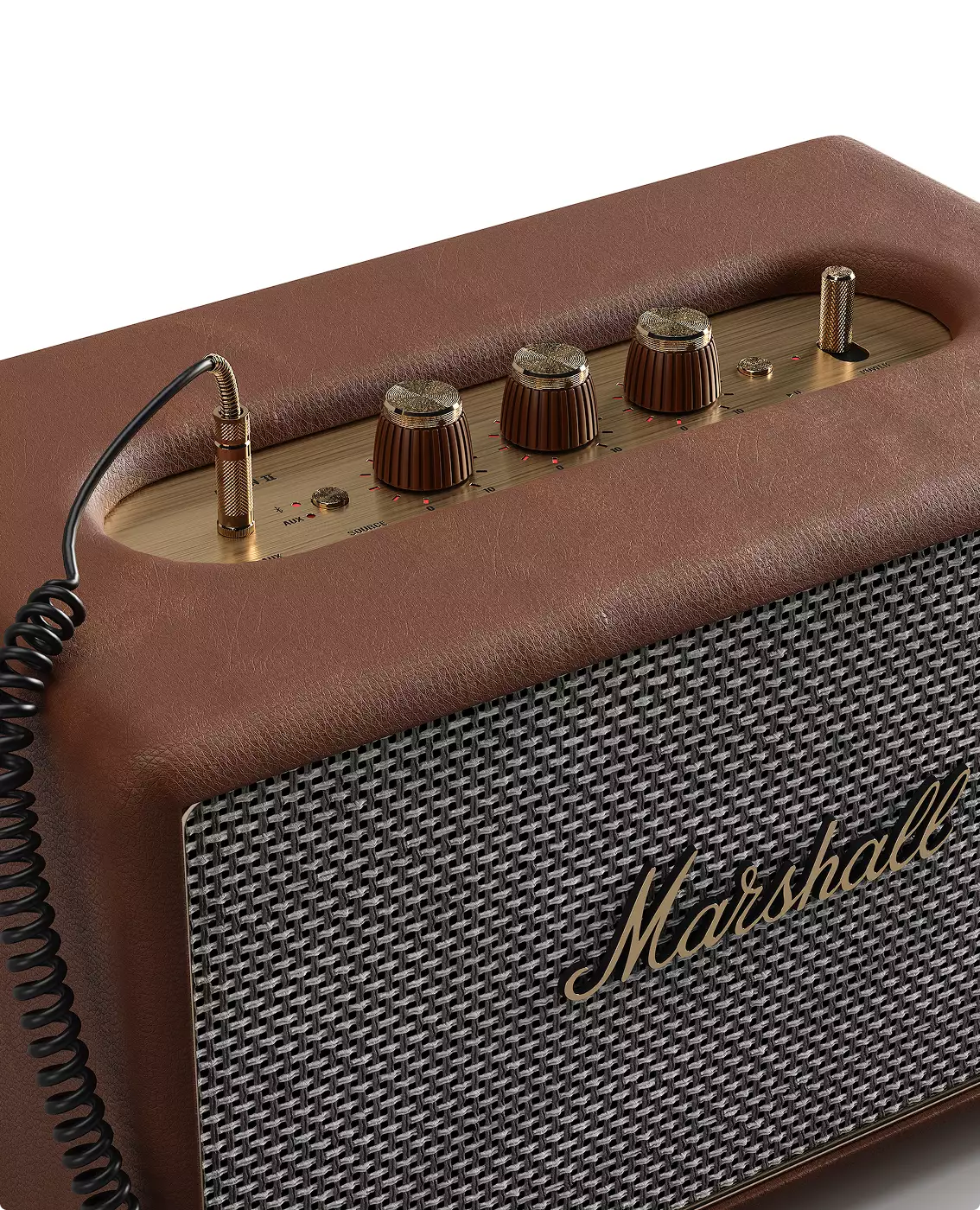 Servicios de render 3D de producto: primer plano del altavoz Marshall con mandos de control, cable y rejilla texturizada