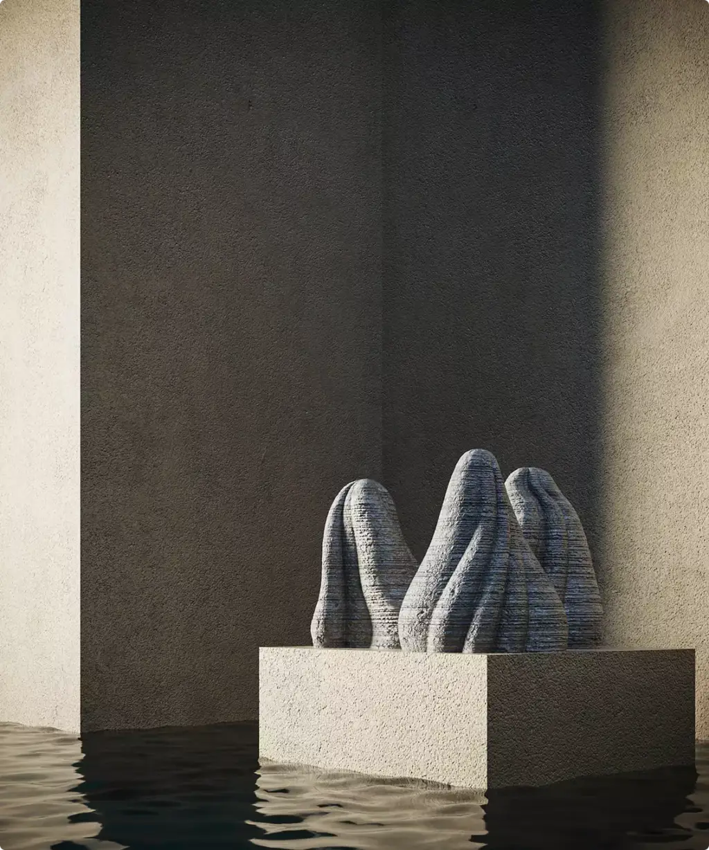 Abstracte stenen heuvelsculpturen op een vierkante sokkel in ondiep water tegen een gestructureerde muur, conceptbeeld voor 3D-productbeelden