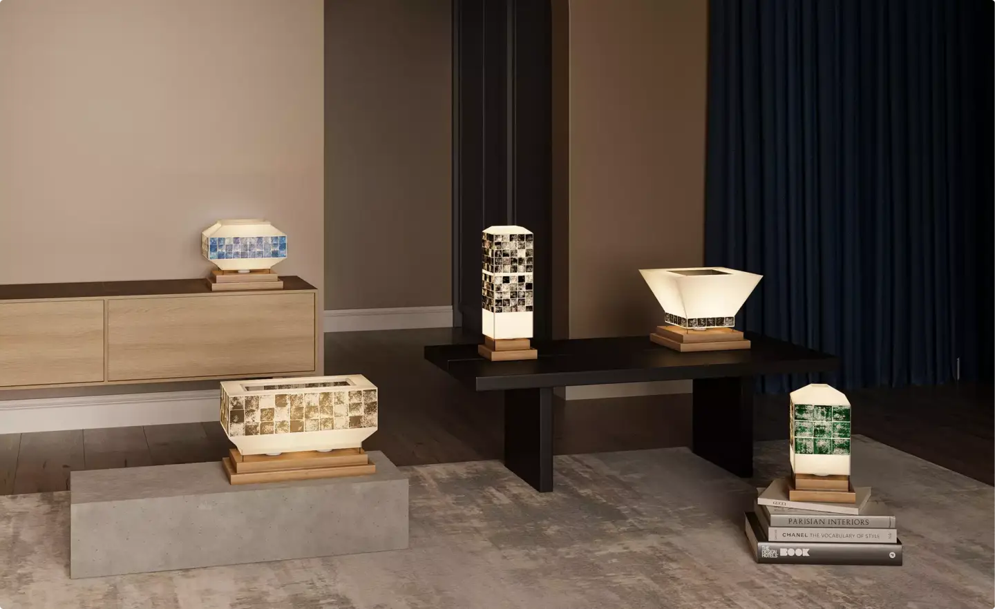 Render of five table lamps with different mosaic tile bands displayed on benches and a plinth in a dark room