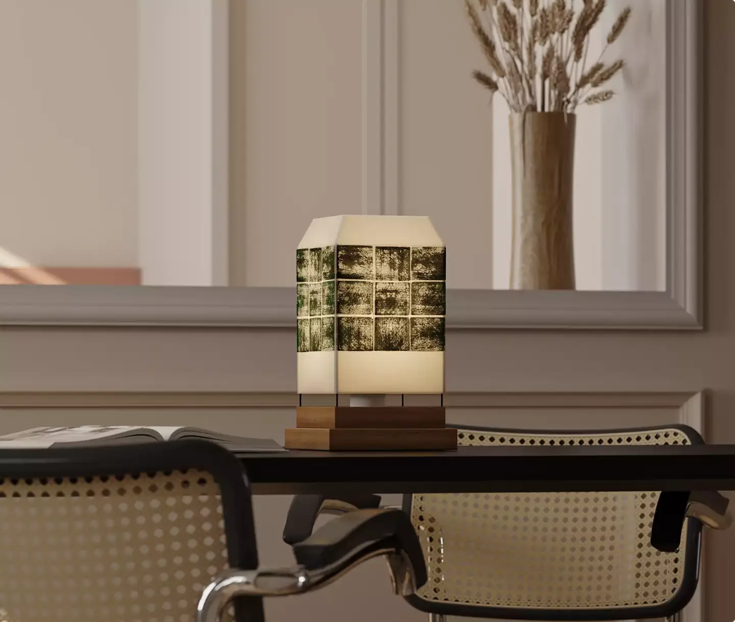 Render of a mosaic tile table lamp on a desk between rattan chairs