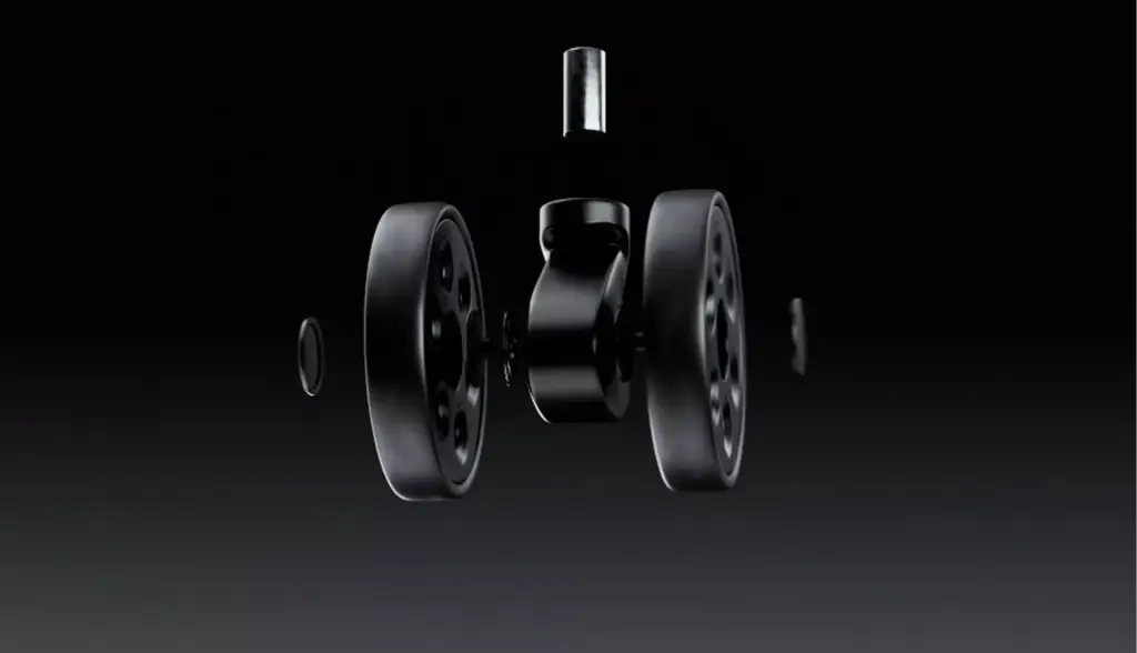 3D Product Visuals Suitcase showing exploded view of dual suitcase caster wheel assembly