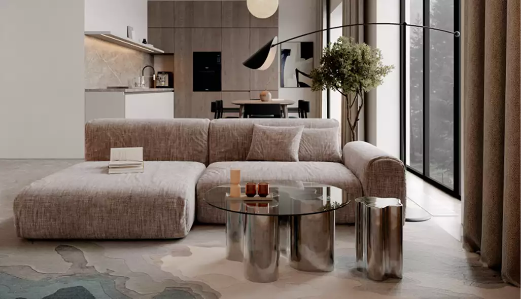 Interior de casa renderizado en 3D con sofá curvo, mesa redonda de vidrio, lámpara de pie y cocina abierta