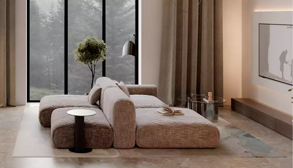 Interior de casa renderizado en 3D con sofá seccional bajo, ventanales altos, cortinas y obra de arte en la pared