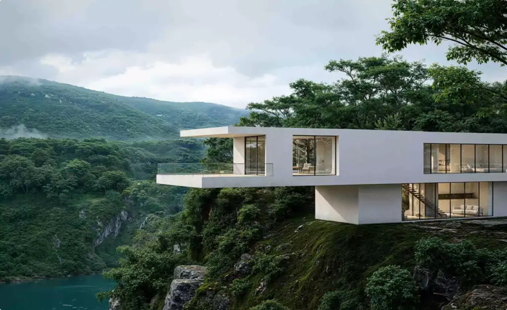 Render 3D de villa en voladizo sobre una barranca frondosa, con muros de vidrio y vistas panorámicas al bosque