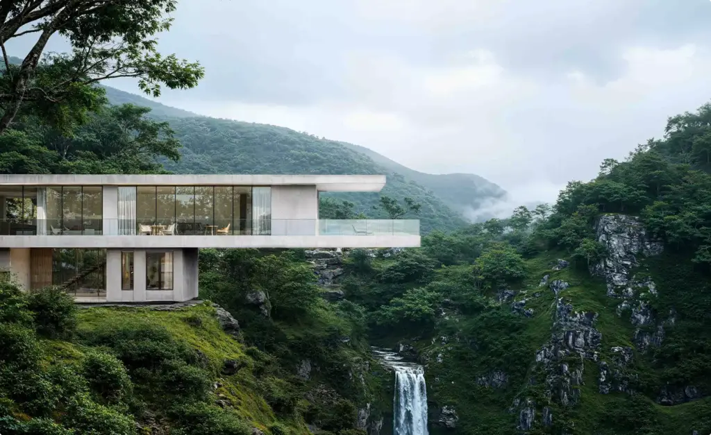 Render 3D de villa sobre un acantilado boscoso, con muros de vidrio frente a una cascada y un valle verde