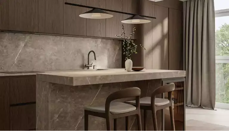 3D tour apartments kitchen island with stone finish, wood stools, pendant lights, and tall window