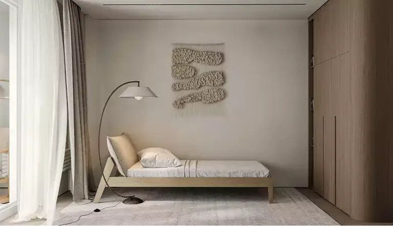 3D tour apartments single bedroom with floor lamp, wall textile art, wood wardrobe, and soft curtains