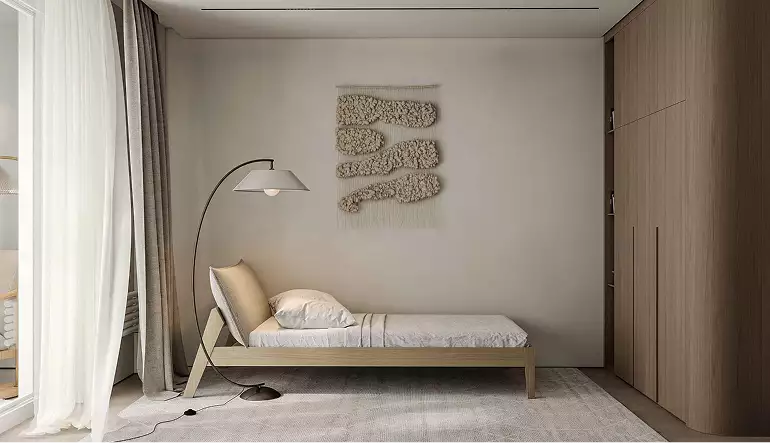 Camera singola con lampada da terra, arazzo, armadio in legno e tende morbide, tour 3D dell'appartamento