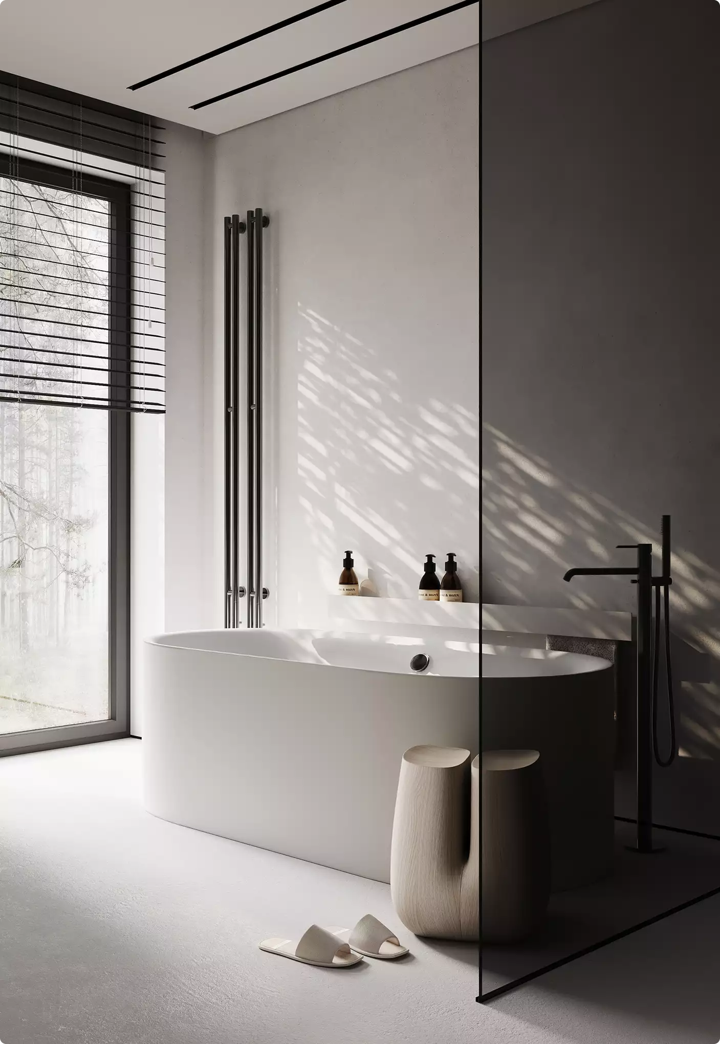 Bright modern bathroom rendering with a freestanding tub and soft natural light