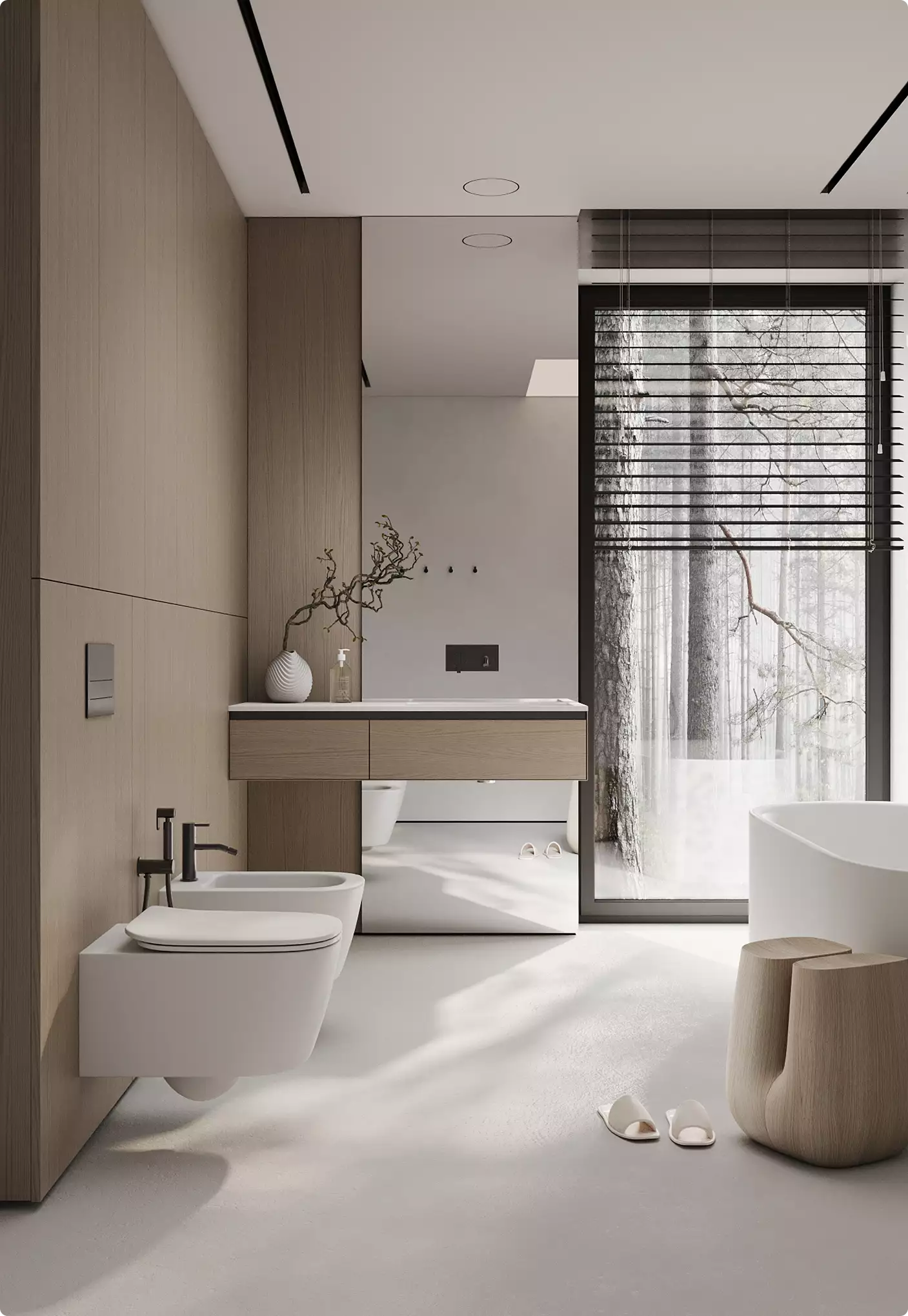 Modern bathroom render with a large window, floating vanity, and daylight across matte tile