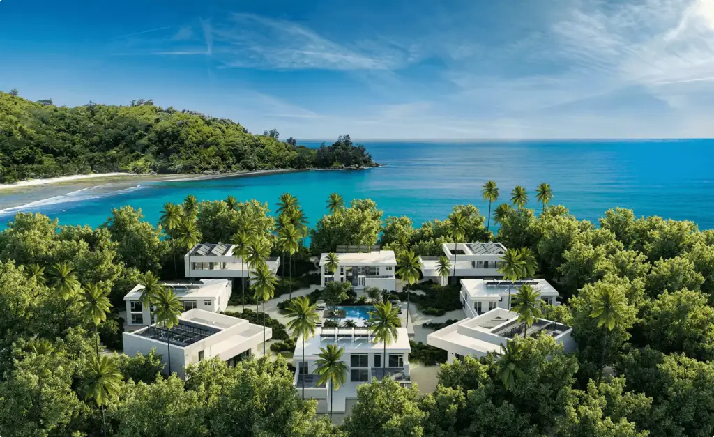 Ville di un hotel fronte spiaggia con vista sulla baia, rendering 3D per un resort alle Seychelles