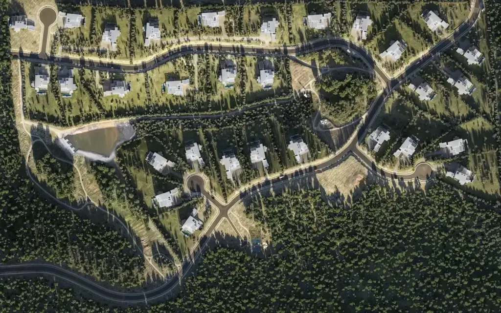 Aerial site plan of a residential community in forest, architectural rendering costs overview