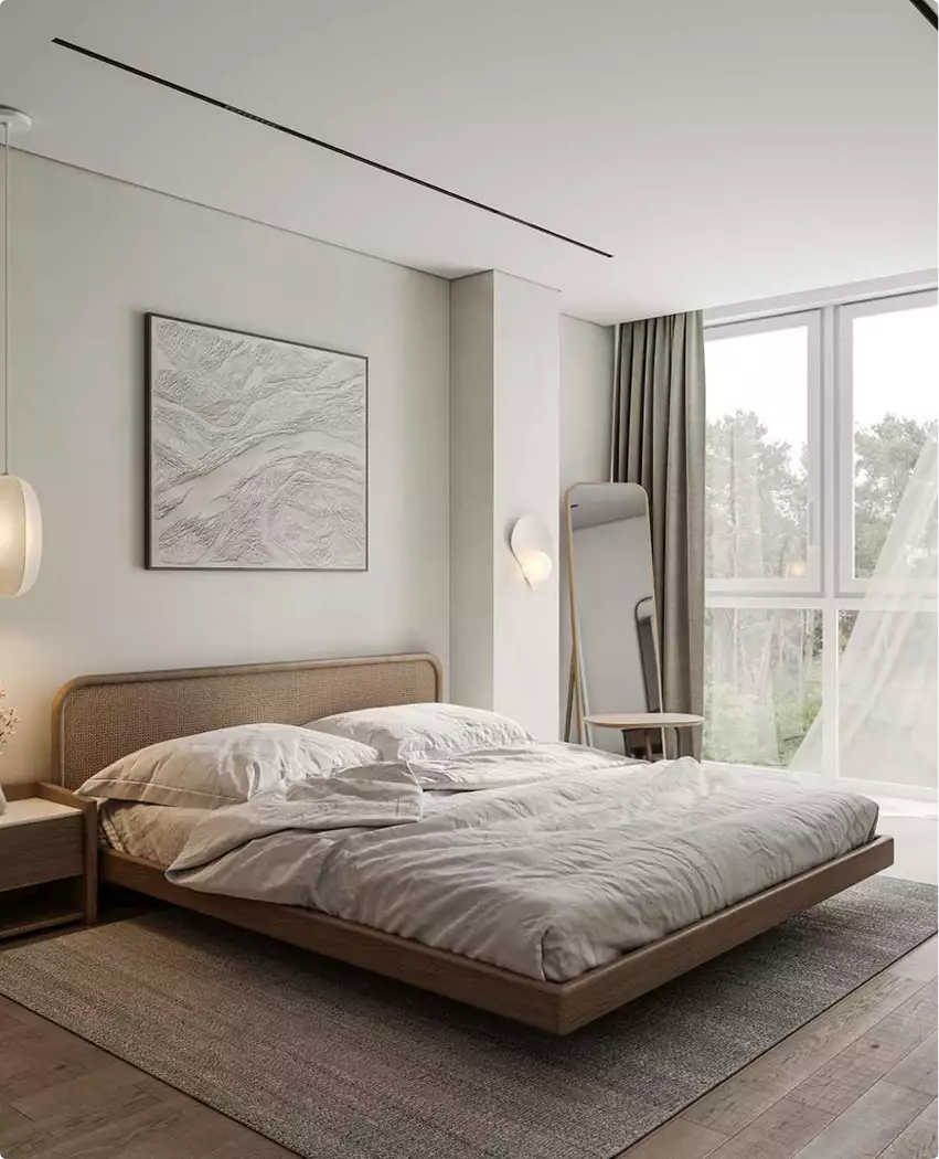 Camera da letto con letto basso, quadro incorniciato, specchio e finestra alta con tende morbide, tour 3D dell'appartamento