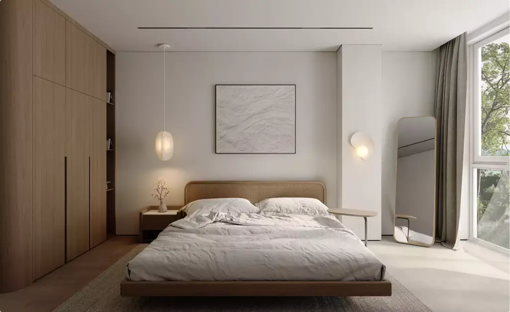 Camera da letto con letto basso, lampada a sospensione, specchio e armadio, tour 3D dell'appartamento