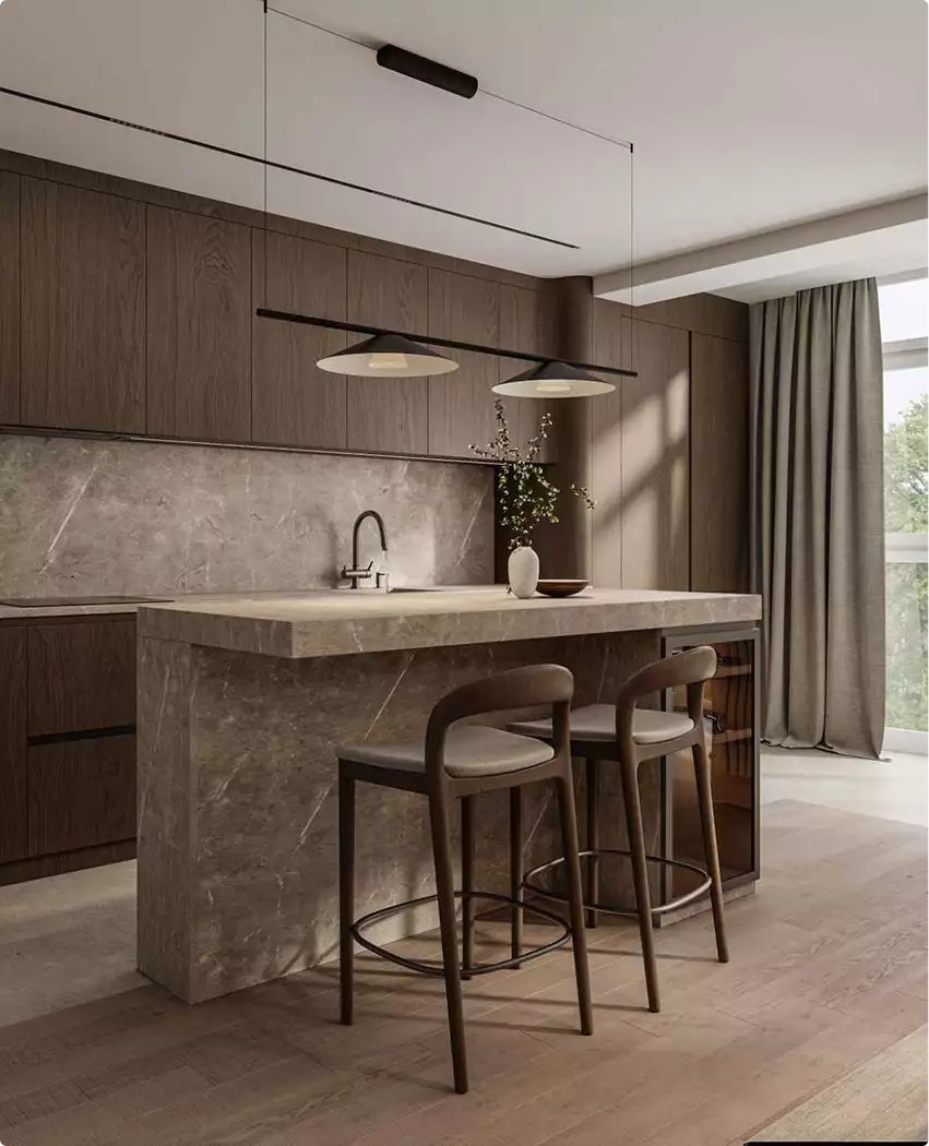 Cucina con isola in pietra, sgabelli alti, ante in legno scuro e lampade a sospensione, tour 3D dell'appartamento