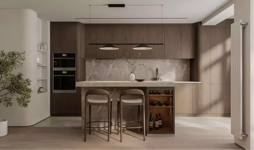 Cucina moderna con isola in pietra, cantinetta, ante in legno e luce calda, tour 3D dell'appartamento