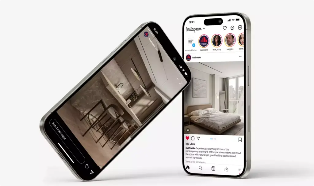 Smartphone che mostrano post di interni dell'appartamento su una schermata social in stile Instagram, tour virtuale 3D