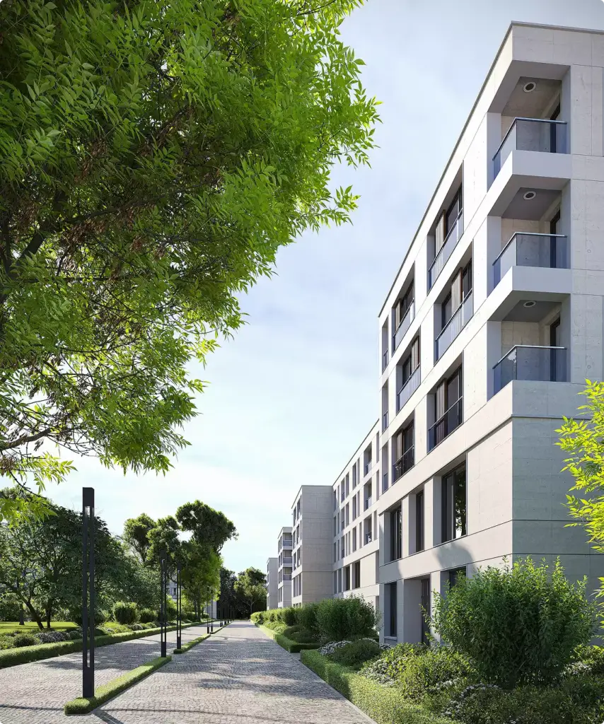 Appartementengebouwen met balkons langs een aangelegd wandelpad met bomen