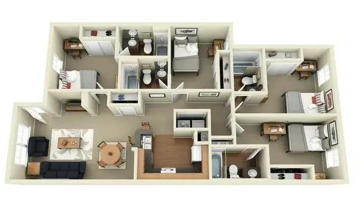 VEFA : ce que l'acheteur voit avant que le bâtiment existe Plan 3D d'un appartement vu du dessus, cloisons coupées à mi-hauteur : séjour et coin repas meublés, cuisine, plusieurs chambres avec lits et bureaux, salles d'eau équipées