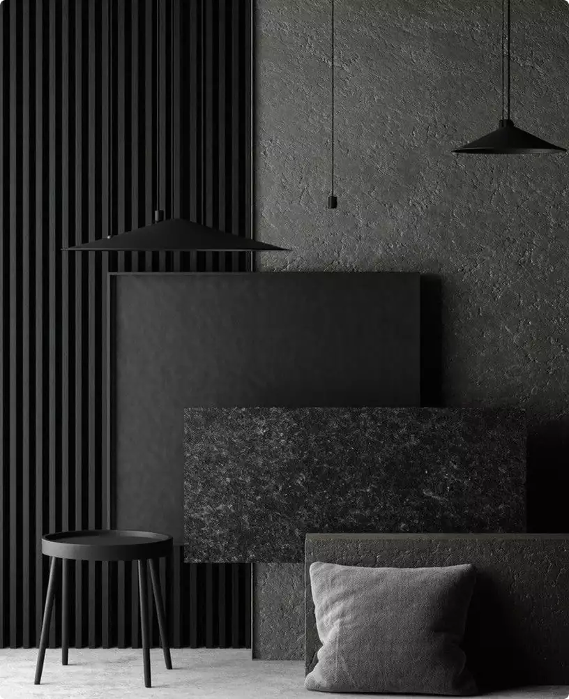 Appartementrender van een donker interieur met zwarte wandpanelen, steenplaten, hanglampen en een decoratief kussen