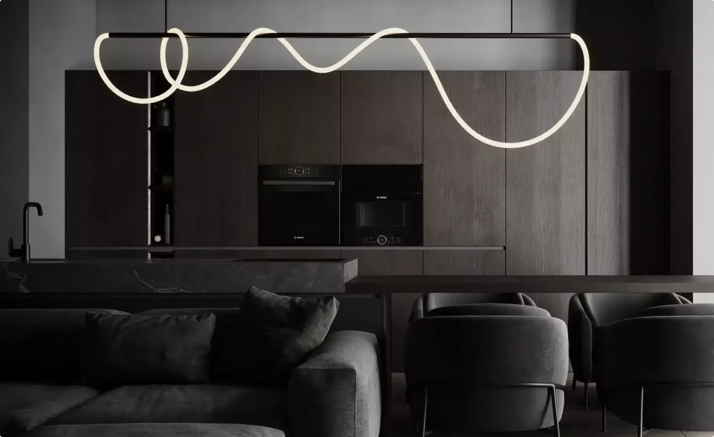 Apartment render dark living room with gray sofa facing wood kitchen cabinets, marble island, and curved LED pendant light