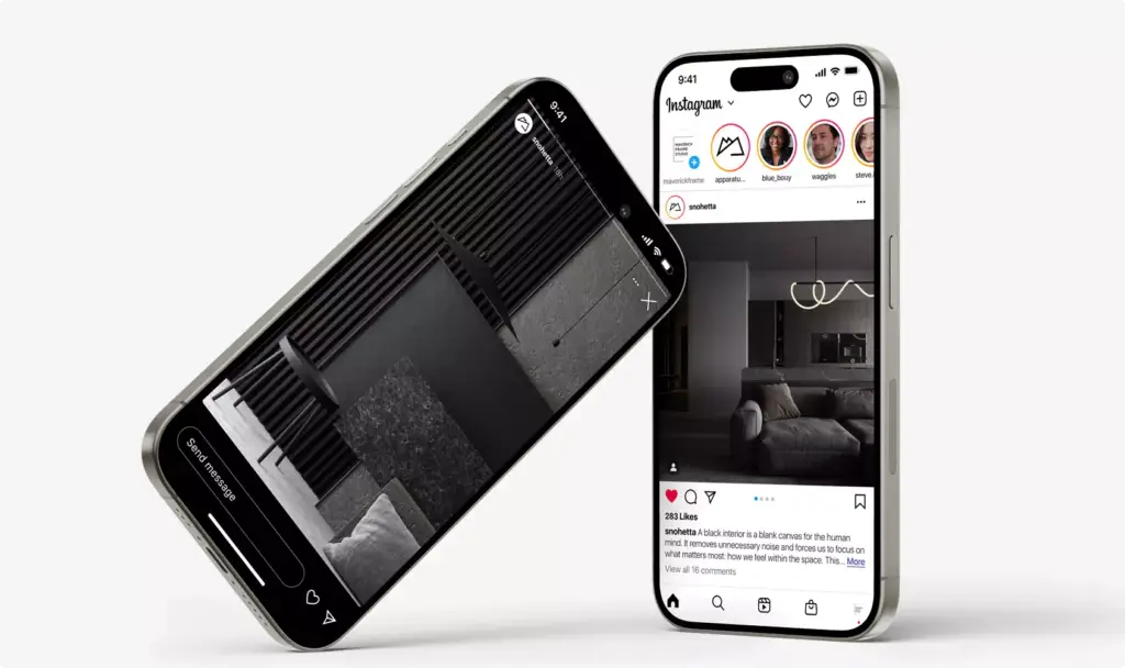 Appartementrender van het interieur getoond op twee smartphones met een donkere woonkamer en designscène op social media