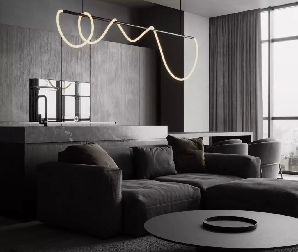 Appartementrender van een woonkamer met donkere bank, marmeren keukeneiland, houten kasten en gebogen led-hanglamp