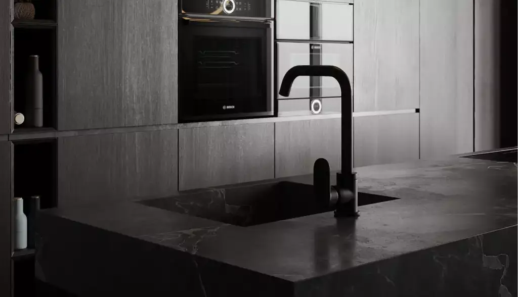 Apartment render black marble kitchen island with sink and faucet, wood cabinets with built in oven and microwave