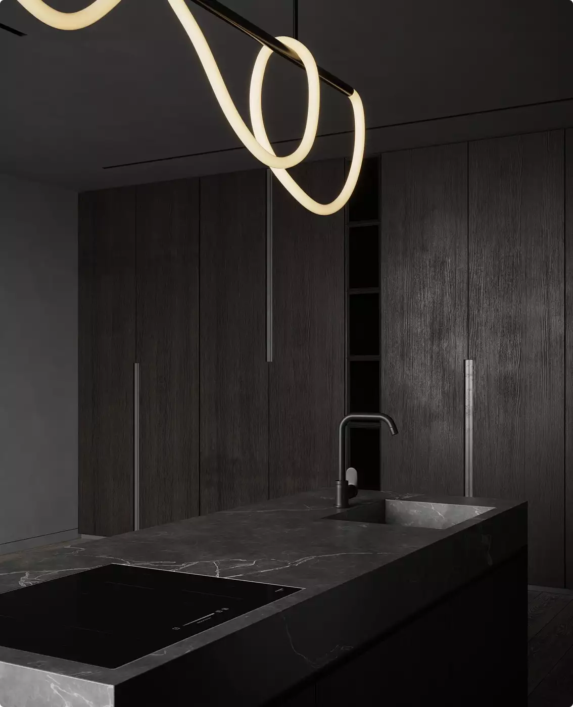 Appartementrender van een moderne keuken met donkerhouten kasten, zwart marmeren eiland, spoelbak en gebogen led-hanglamp