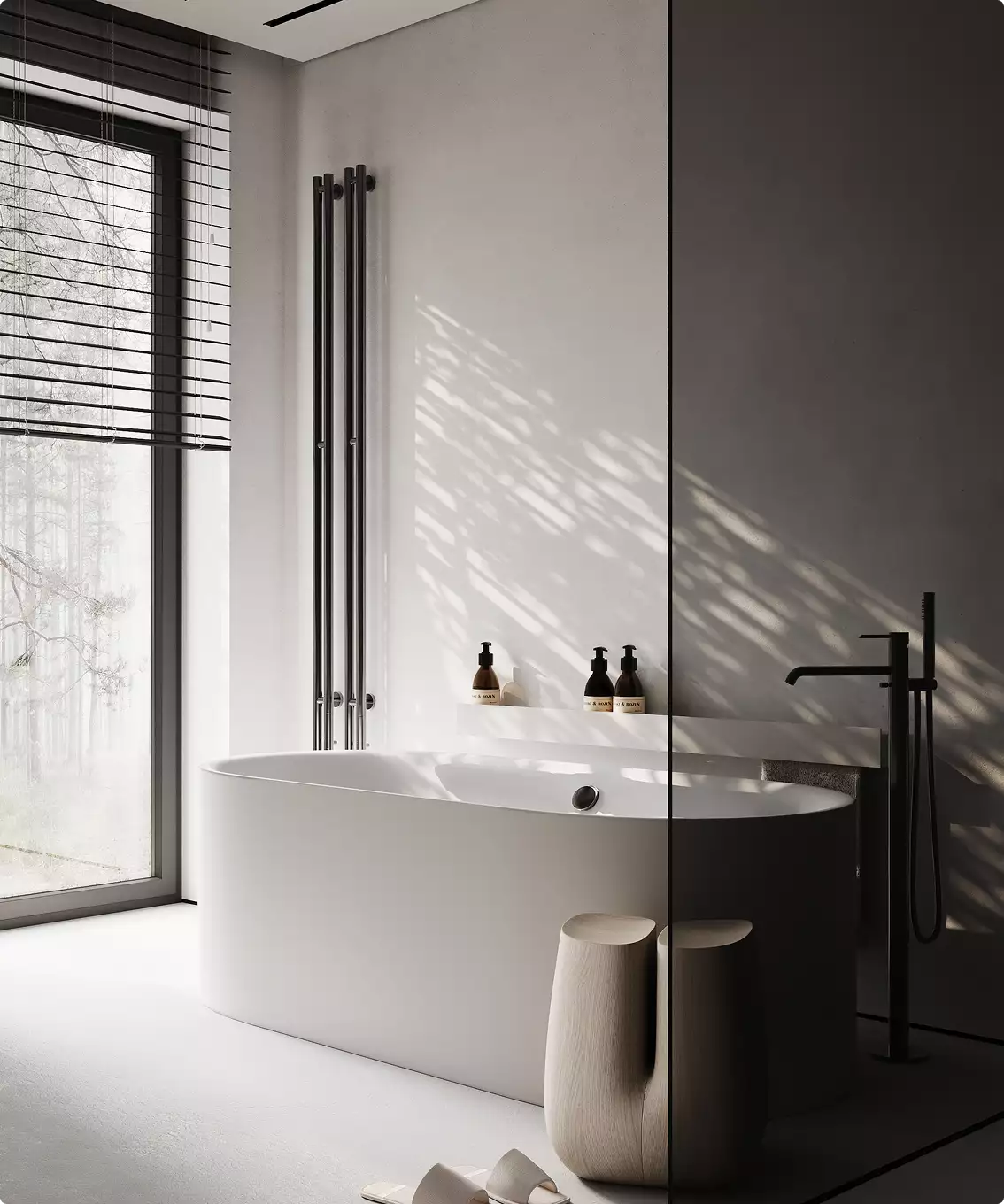 Rendering di appartamento: bagno minimalista con vasca freestanding, miscelatore a pavimento e luce dalla grande finestra