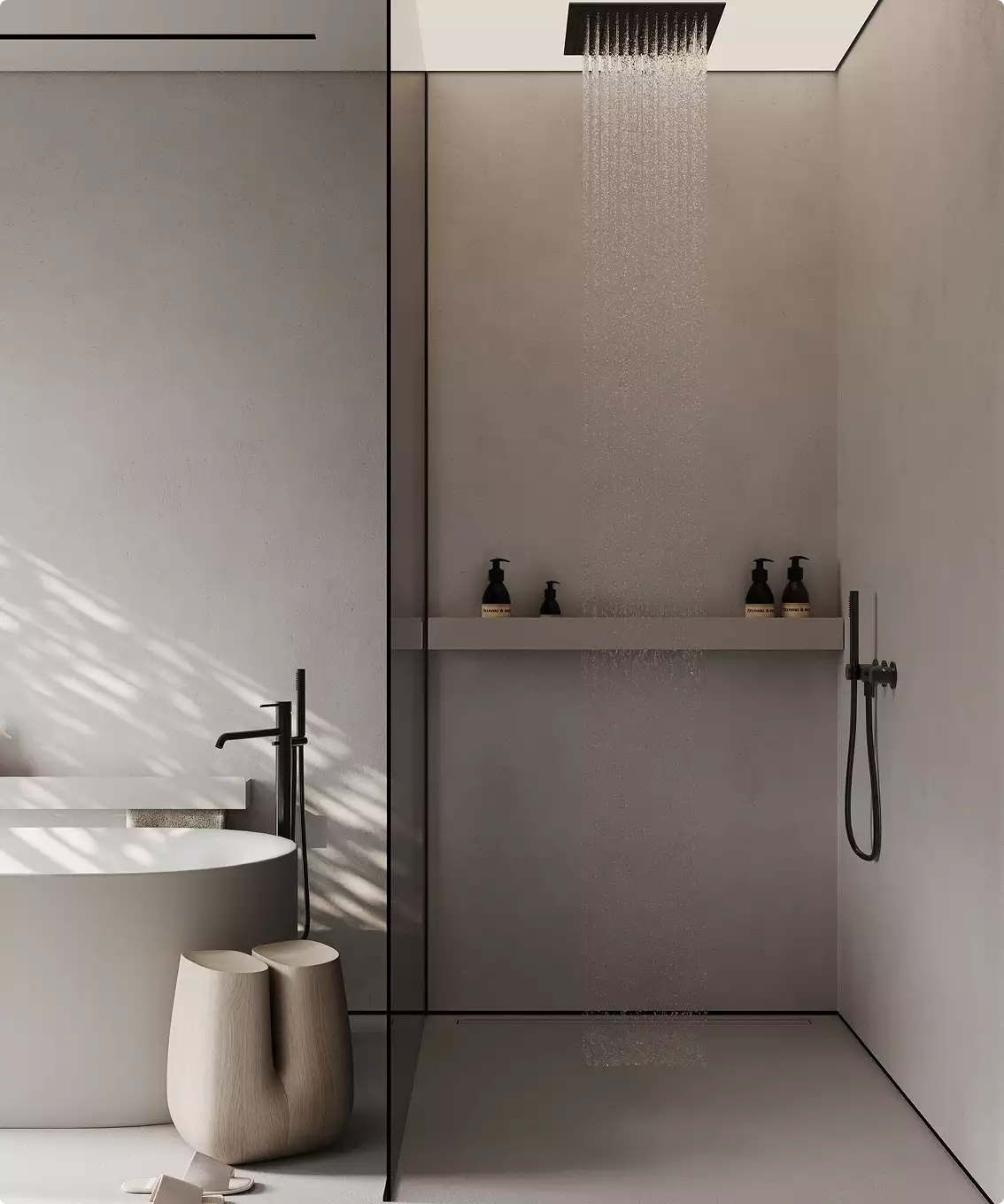 Rendering di appartamento: bagno minimalista con doccia a pioggia, lavabo freestanding e pareti materiche neutre