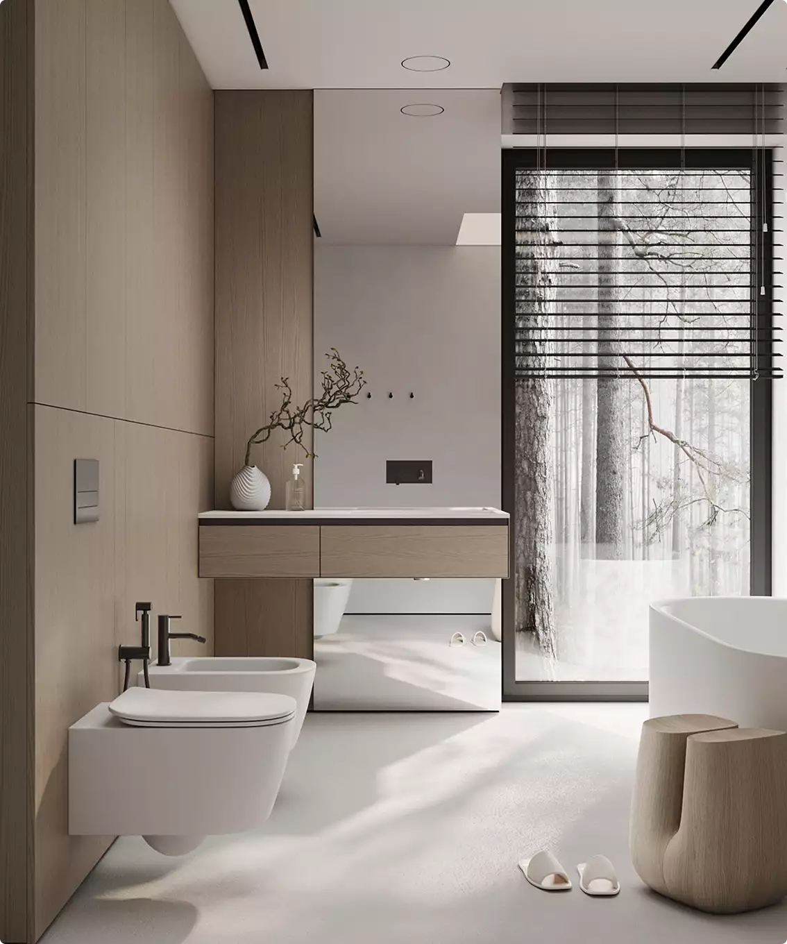 Rendering di appartamento: bagno minimalista con wc sospeso, mobile in legno e ampia finestra con vista