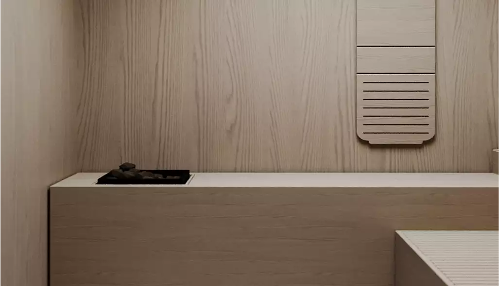 Rendering di appartamento: sauna minimalista con panche in legno, pannello radiante a parete e pareti in legno chiaro