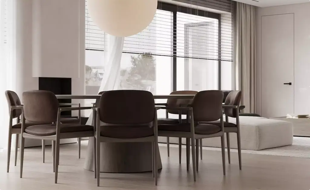 Rendering di appartamento: zona pranzo moderna con tavolo rotondo, sedie in pelle e grande finestra con tende a lamelle