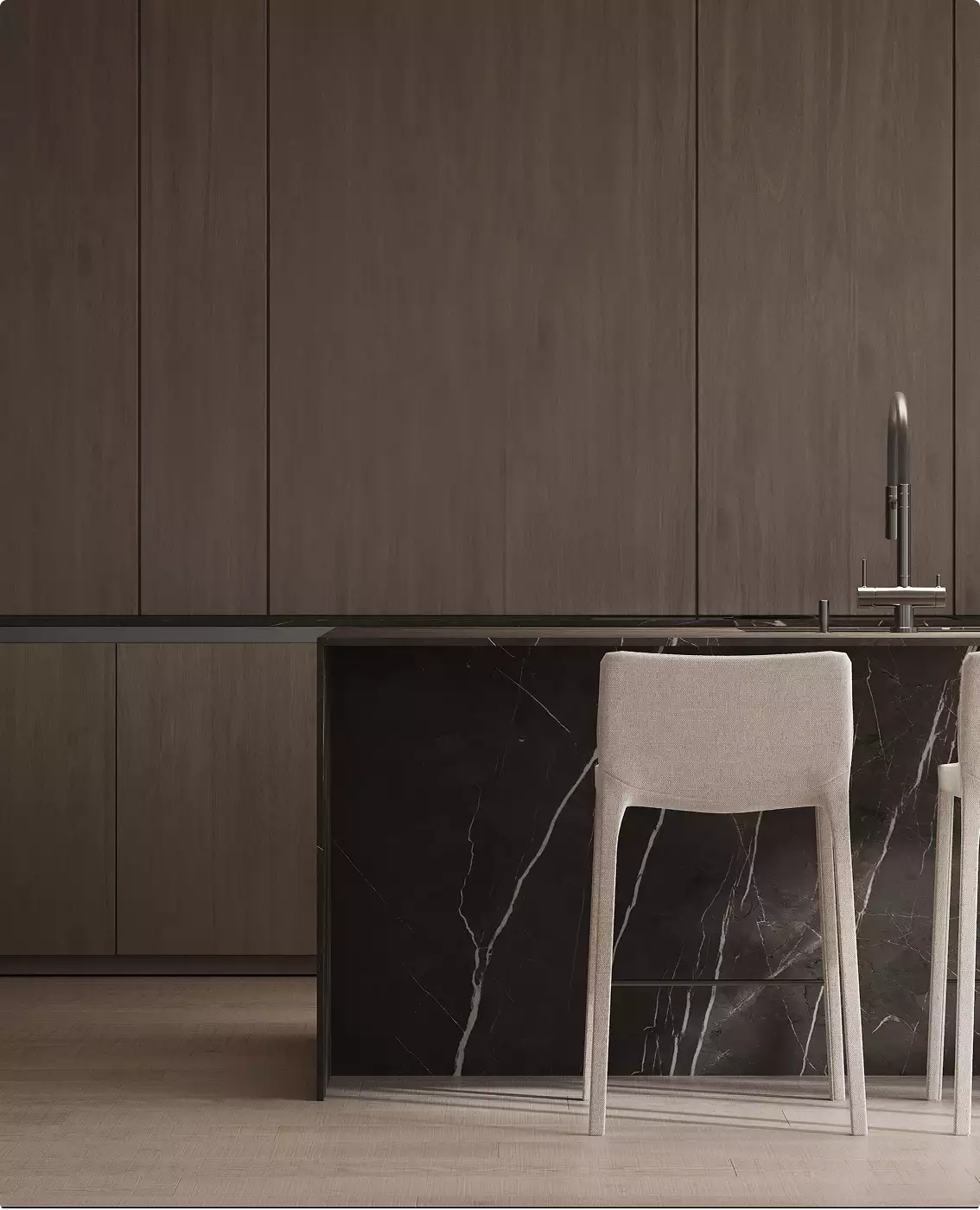 Rendering di appartamento: isola cucina moderna con base in marmo scuro, ante in legno e sgabello minimalista